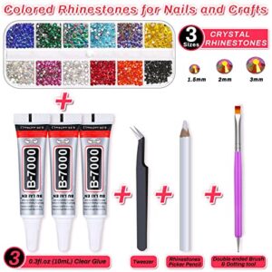 Rhinestones Adhesive Glue for Fabric, 2100Pcs 12 Color Craft Rhinestones Flatback with B7000 Glue Adhesive, Glass Gemstones with Tweezers for Craft, Jewelry, Makeup, Cloth Shoes and Nail Art