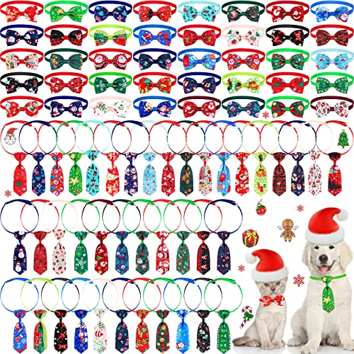 80 Pcs Christmas Dog Bow Ties 40 Pet Dog Bow Ties 40 Pet Neckties Santa Christmas Tree Snowman Candy Cane Adjustable Collar Dog Tie Accessories for Dog Cat Christmas Holiday Decoration (Santa Style)