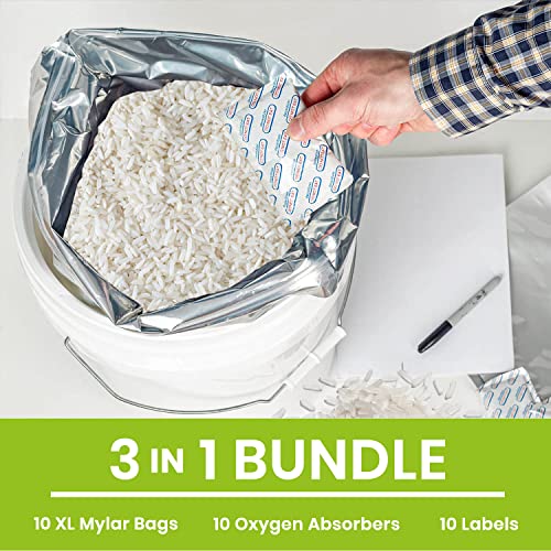 10pcs 5 Gallon Mylar Bags for Food Storage - 10 Mil Thick - Mylar Bags 5 Gallon with Oxygen Absorbers 2500cc - Ziplock Resealable Mylar Bags - Bolsas Mylar 5 Galones