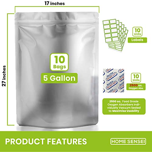 10pcs 5 Gallon Mylar Bags for Food Storage - 10 Mil Thick - Mylar Bags 5 Gallon with Oxygen Absorbers 2500cc - Ziplock Resealable Mylar Bags - Bolsas Mylar 5 Galones