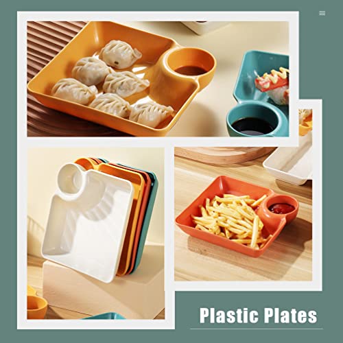 Hemoton Paper Plates 4Pcs Ceramic Dumpling Plate with Sauce Compartment, 7.2 * 7.2 inch Serving Plate with Sauce Holder, Chips and Salsa Plate, Serving Plate with Sauce Divider Platter Cheese Board