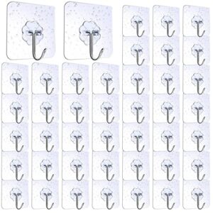 starsea wall hooks, 42 packs heavy duty self adhesive hooks 22lb(max) waterproof and oilproof, transparent hooks for kitchen and bathroom/ceiling/hanger