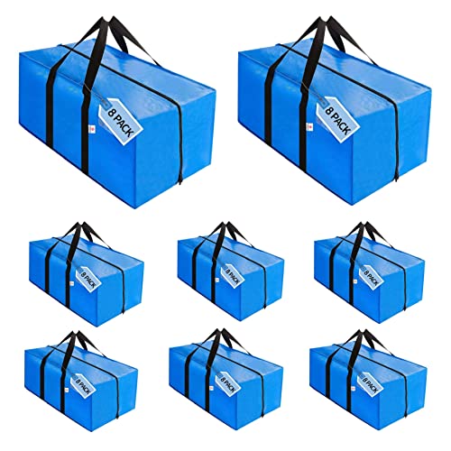 Roman Best Heavy Duty Extra Large Moving Bags 8 set With Backpack Straps Strong Handles and Zippers - Storage Totes For Space Saving - Ideal Alternative to Moving Box - Recycled Material ( Blue - Set of 8 )