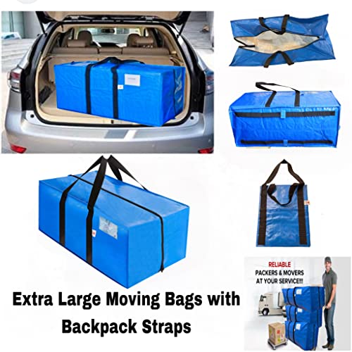 Roman Best Heavy Duty Extra Large Moving Bags 8 set With Backpack Straps Strong Handles and Zippers - Storage Totes For Space Saving - Ideal Alternative to Moving Box - Recycled Material ( Blue - Set of 8 )
