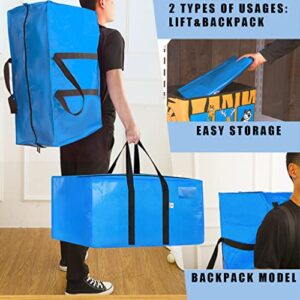 Roman Best Heavy Duty Extra Large Moving Bags 8 set With Backpack Straps Strong Handles and Zippers - Storage Totes For Space Saving - Ideal Alternative to Moving Box - Recycled Material ( Blue - Set of 8 )