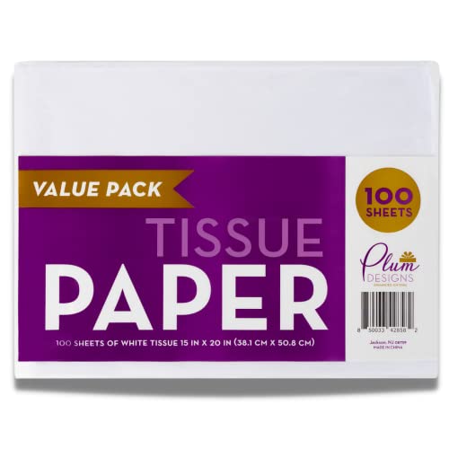 Plum Designs White Tissue Paper for Gift Bags, Bulk Tissue Paper for Packaging- Includes 150 Sheets Premium White Tissue Paper Bulk Pack, Wrapping Tissue Paper - 20 x 20 Inches