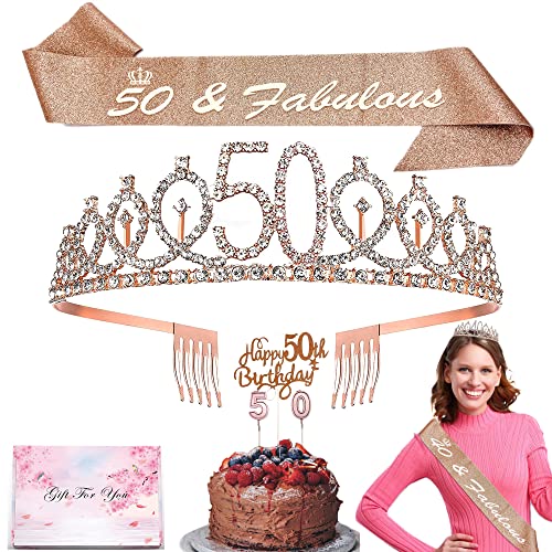 50th Birthday Decorations Women – 50th Birthday Gifts for Women – Rose Gold Happy Birthday Decorations for Girls – Includes Birthday Crown, Birthday Sash, Cake Topper – Beautiful Elegant Design (50th)