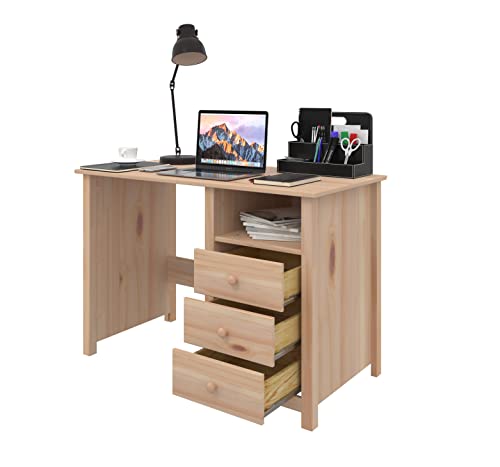 From the Tree Furniture Solid Pine Wood Writing Desk with Drawers and Storage (Unfinished), (DK001)