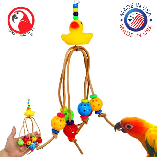 Bonka Bird Toys 2325 Ducky Spyder Small Medium Bird Toy Durable Plastic Leather Duck Bead Foraging Ball Button Cockatiels Parakeets Conures and Other Similar Sized Birds