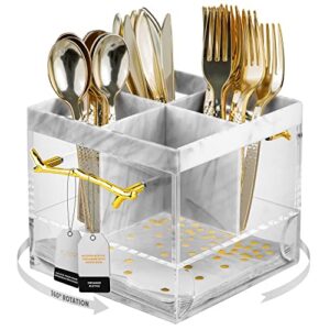 eltow utensil holder for party, silverware caddy with handle, swivel, lucite acrylic organizer for spoons, forks, knives, napkins, elegant cutlery utensil caddy for parties, home, kitchen, office