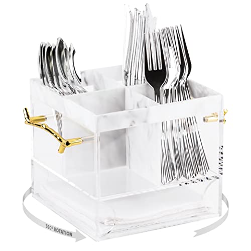 ELTOW Utensil Holder for Party, Silverware Caddy with Handle, Swivel, Lucite Acrylic Organizer for Spoons, Forks, Knives, Napkins, Elegant Cutlery Utensil Caddy for Parties, Home, Kitchen, Office