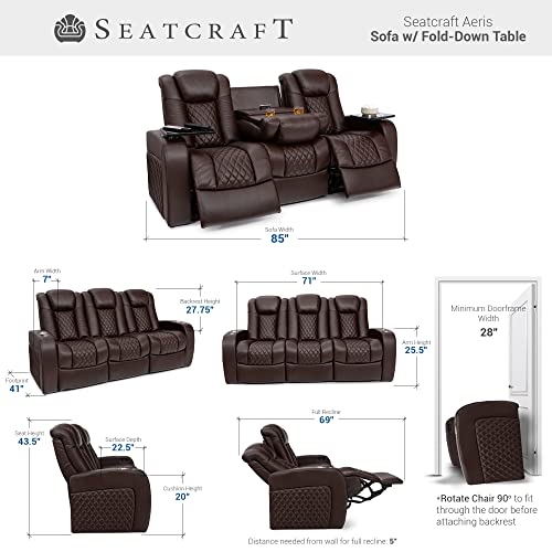 Seatcraft Aeris Sofa, Leather Gel, Powered Headrest, Power Recline, Fold-Down Table w/USB, Power, Brown