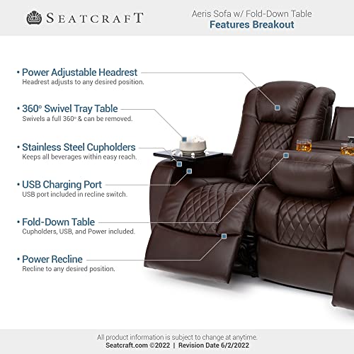 Seatcraft Aeris Sofa, Leather Gel, Powered Headrest, Power Recline, Fold-Down Table w/USB, Power, Brown