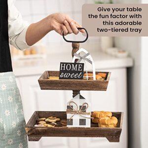 Smedley & York 2 Tiered Tray Stand With 3 Wooden Decor Accessories, Square Wooden 2 Tier Tray Stand for Cupcakes, Fruits - Rustic Finish - Wood Two Tiered Tray Stand for Home Decor, Farmhouse, Kitchen