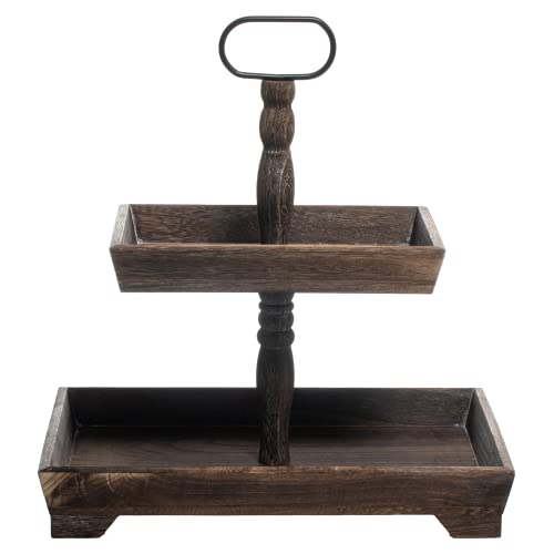 Smedley & York 2 Tiered Tray Stand With 3 Wooden Decor Accessories, Square Wooden 2 Tier Tray Stand for Cupcakes, Fruits - Rustic Finish - Wood Two Tiered Tray Stand for Home Decor, Farmhouse, Kitchen