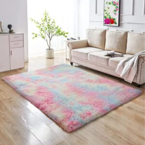 cc interior 4x6 rainbow fluffy rugs for girls bedroom, pastel area rug for kids, shag carpet for nursery, unicorn room decor,fuzzy rug for living room