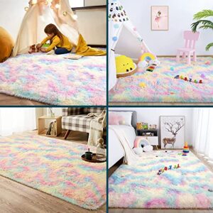 CC Interior 4x6 Rainbow Fluffy Rugs for Girls Bedroom, Pastel Area Rug for Kids, Shag Carpet for Nursery, Unicorn Room Decor,Fuzzy Rug for Living Room