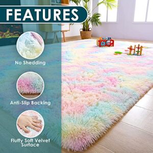 CC Interior 4x6 Rainbow Fluffy Rugs for Girls Bedroom, Pastel Area Rug for Kids, Shag Carpet for Nursery, Unicorn Room Decor,Fuzzy Rug for Living Room