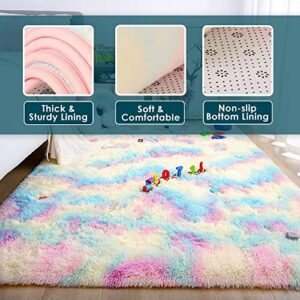 CC Interior 4x6 Rainbow Fluffy Rugs for Girls Bedroom, Pastel Area Rug for Kids, Shag Carpet for Nursery, Unicorn Room Decor,Fuzzy Rug for Living Room