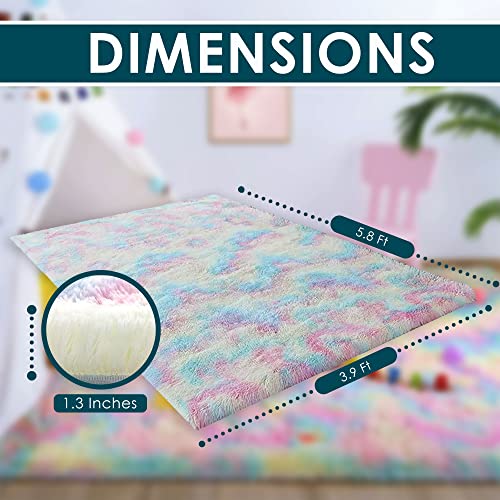 CC Interior 4x6 Rainbow Fluffy Rugs for Girls Bedroom, Pastel Area Rug for Kids, Shag Carpet for Nursery, Unicorn Room Decor,Fuzzy Rug for Living Room