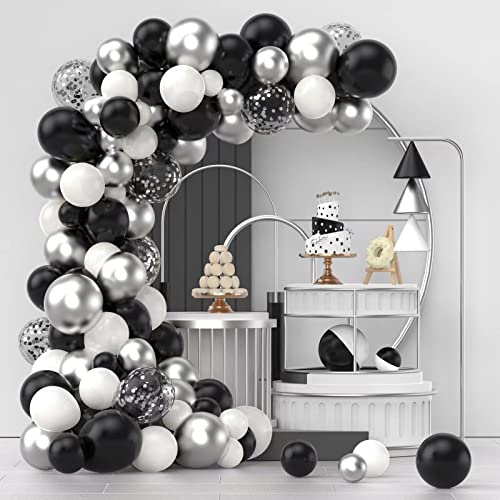 NISOCY Black Silver White Confetti Balloons Arch Kit, 120 PCS 12in 10in 5in Latex Balloons Garland Arches Kit for Birthday, Wedding, Anniversary, Celebrations Party Decoration