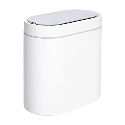 Bathroom Trash Can with Lid - SYNCVIBE 2 Gallon Slim Motion Sensor Garbage Can Narrow Automatic Plastic Trash Bin for Bedroom, Living room, Toilet, Office (White)