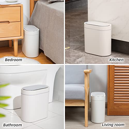 Bathroom Trash Can with Lid - SYNCVIBE 2 Gallon Slim Motion Sensor Garbage Can Narrow Automatic Plastic Trash Bin for Bedroom, Living room, Toilet, Office (White)