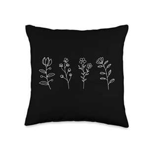 minimalist flowers wildflowers flower with leaves floral outline minimalist throw pillow, 16x16, multicolor