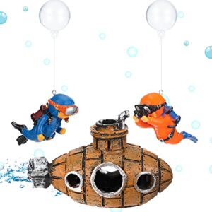 3 pcs floating fish tank decorations aquarium air pump decorations include hanging lovely diver for aquarium and retro old submarine wreck ornament artificial resin accessories for fish tanks pool