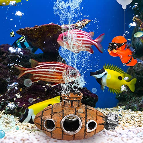 3 Pcs Floating Fish Tank Decorations Aquarium Air Pump Decorations Include Hanging Lovely Diver for Aquarium and Retro Old Submarine Wreck Ornament Artificial Resin Accessories for Fish Tanks Pool