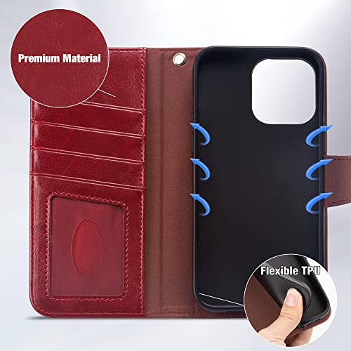 Arae Compatible with iPhone 14 Pro Max Case Wallet Flip Cover with Card Holder and Wrist Strap for iPhone 14 Pro Max 6.7 inch-Wine Red