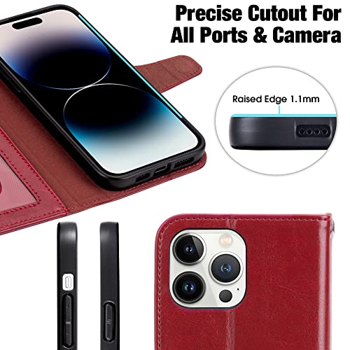 Arae Compatible with iPhone 14 Pro Max Case Wallet Flip Cover with Card Holder and Wrist Strap for iPhone 14 Pro Max 6.7 inch-Wine Red