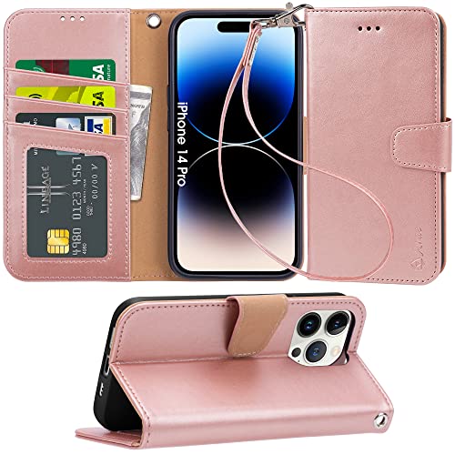 Arae Compatible with iPhone 14 Pro Case Wallet Flip Cover with Card Holder and Wrist Strap for iPhone 14 Pro 6.1 inch-Rose Gold