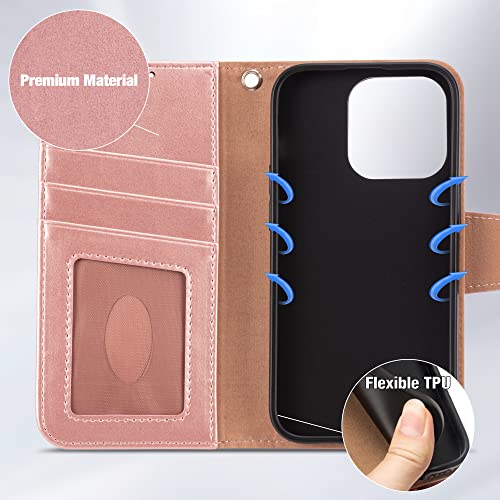 Arae Compatible with iPhone 14 Pro Case Wallet Flip Cover with Card Holder and Wrist Strap for iPhone 14 Pro 6.1 inch-Rose Gold