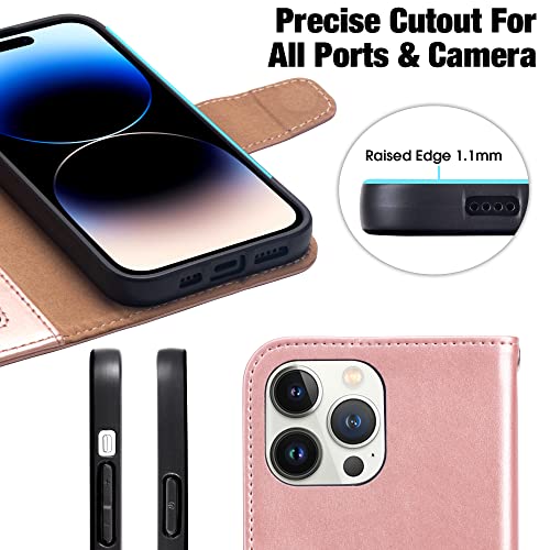 Arae Compatible with iPhone 14 Pro Case Wallet Flip Cover with Card Holder and Wrist Strap for iPhone 14 Pro 6.1 inch-Rose Gold