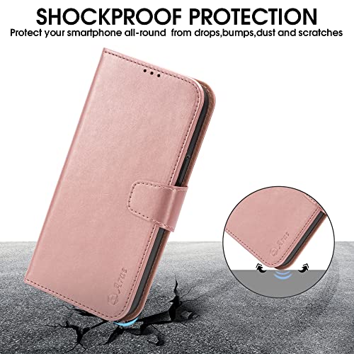 Arae Compatible with iPhone 14 Pro Case Wallet Flip Cover with Card Holder and Wrist Strap for iPhone 14 Pro 6.1 inch-Rose Gold