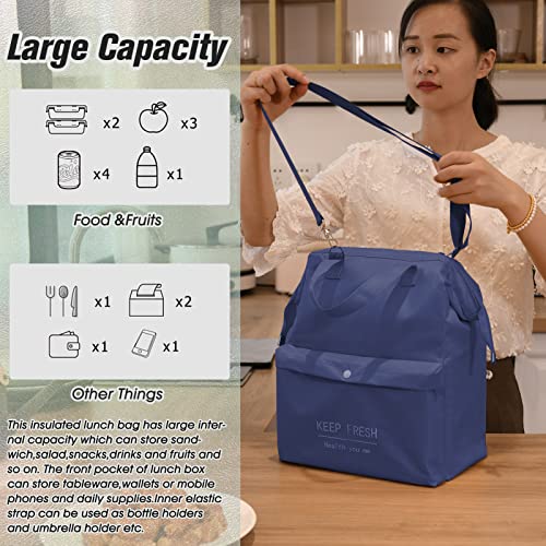 Mziart Large Insulated Lunch Bag with Adjustable Shoulder Strap, Reusable Bento Lunch Bag Wide-Open Lunch Tote Bag Handbag Lunch Box Cooler Bag for Women Men Office Work Picnic Beach(Dark Blue)