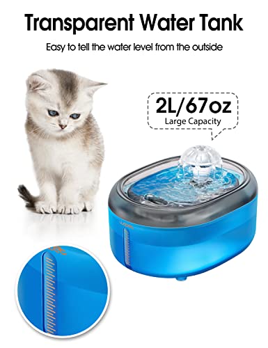 WOPET Cat Water Fountain, 67oz/2L Automatic Cat Water Dispenser Pet Water Fountain, W300 Silent Pet Waterfall Drinking Fountain with 1 Replacement Filter for Cats, Dog, Small Pets Without Light, Blue