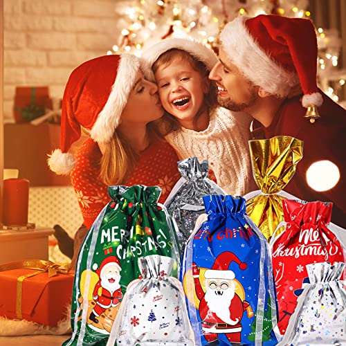 Reaks 35pcs Drawstring Christmas Gift Bags Assorted Sizes, Holiday Gift Bag Set In 5 Sizes And 10 Designs with Tags for Christmas Presents, Xmas Pull String Bags Extra Large/Large/Medium/Small Size