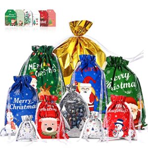 reaks 35pcs drawstring christmas gift bags assorted sizes, holiday gift bag set in 5 sizes and 10 designs with tags for christmas presents, xmas pull string bags extra large/large/medium/small size