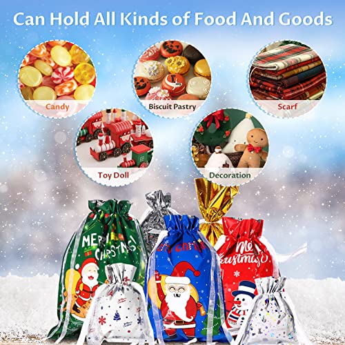 Reaks 35pcs Drawstring Christmas Gift Bags Assorted Sizes, Holiday Gift Bag Set In 5 Sizes And 10 Designs with Tags for Christmas Presents, Xmas Pull String Bags Extra Large/Large/Medium/Small Size