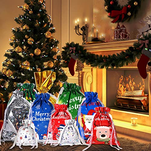 Reaks 35pcs Drawstring Christmas Gift Bags Assorted Sizes, Holiday Gift Bag Set In 5 Sizes And 10 Designs with Tags for Christmas Presents, Xmas Pull String Bags Extra Large/Large/Medium/Small Size