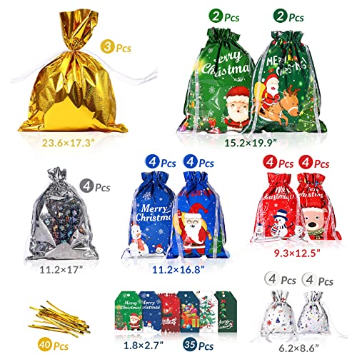 Reaks 35pcs Drawstring Christmas Gift Bags Assorted Sizes, Holiday Gift Bag Set In 5 Sizes And 10 Designs with Tags for Christmas Presents, Xmas Pull String Bags Extra Large/Large/Medium/Small Size