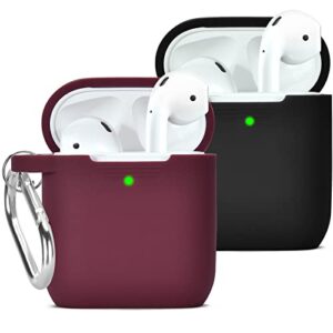 filoto airpod 2nd generation case, 2 packs silicone protective accessories cover with keychain for women men, apple airpods 2&1 earbuds wireless charging case (black/burgundy)
