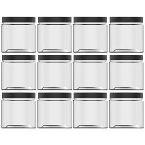 holevifo 14oz (420ml 12 pack) empty clear wide mouth plastic jars with matte black lids and labels - round pet containers for food storage and dry goods,craft and more - bpa free