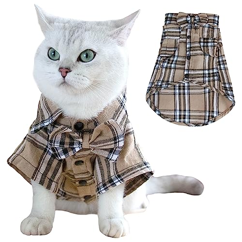 Pet Shirt Clothes for Dogs and Cats, Puppy Plaid Cotton Polo Shirts Adorable Casual Pet Apparel T Shirts (XX-Small, Khaki)