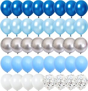 60 pcs blue silver white balloons, pearl royal light blue matte white chrome silver confetti metallic latex balloons for boys christening baby bridal shower blue wedding birthday party decorations