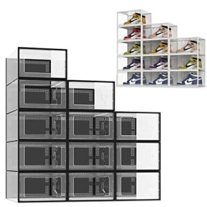 see spring 12 pack medium + 12 pack x-large shoe storage box, clear plastic stackable shoe organizer for closet, space saving foldable shoe containers bins holders (black clear)
