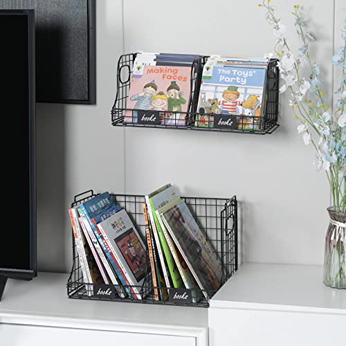 2 Tier Stackable Kids Book Organizer, Hanging Metal Bookshelf with Adjustable Dividers, Wall Floating Book Storage for Kids, Toddler, Nursery Room Decor, Black