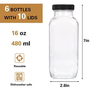 Moretoes 6 Pack 16oz Glass Juice Bottles with Lids Reusable Glass Square Beverages Drinking Jars with Tamper-proof Black Caps for Travel Milk Water Tea Honey Kombucha Smoothie Boba